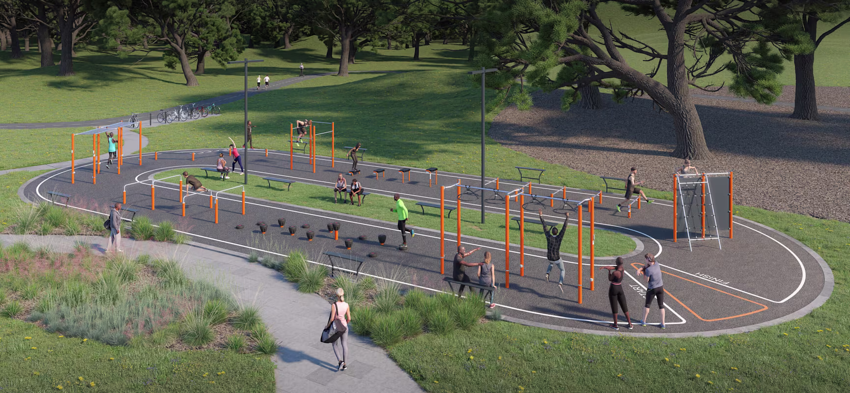 Concept idea of outdoor obstacle course track with eight obstacles