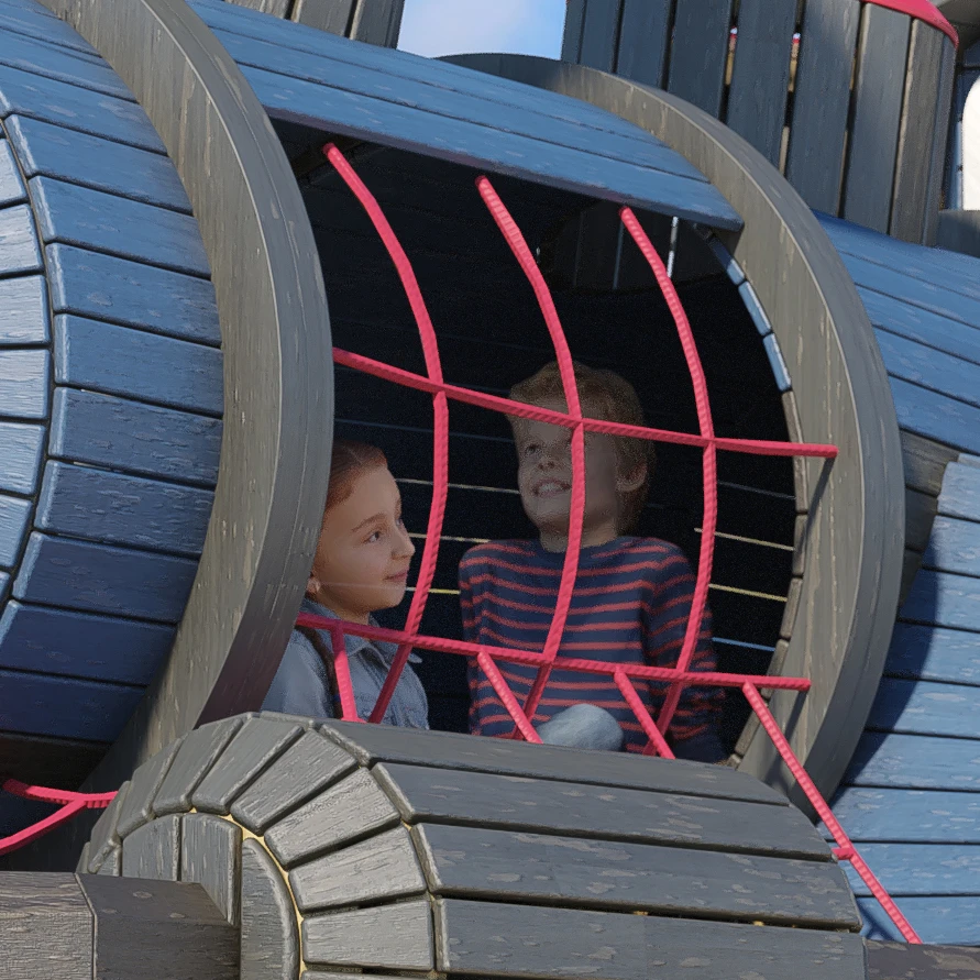 Children sitting together inside a themed play structure