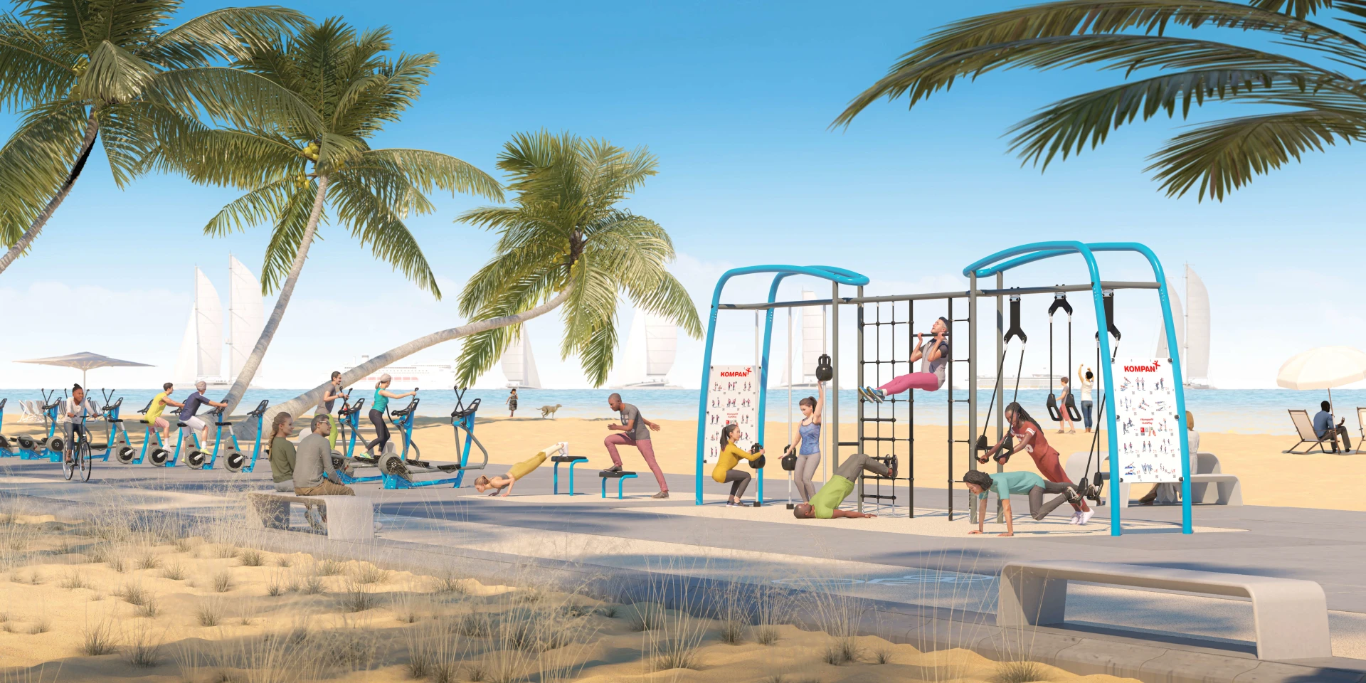 designkonsept for en strandpromenade med utendørs kardio og cross training
