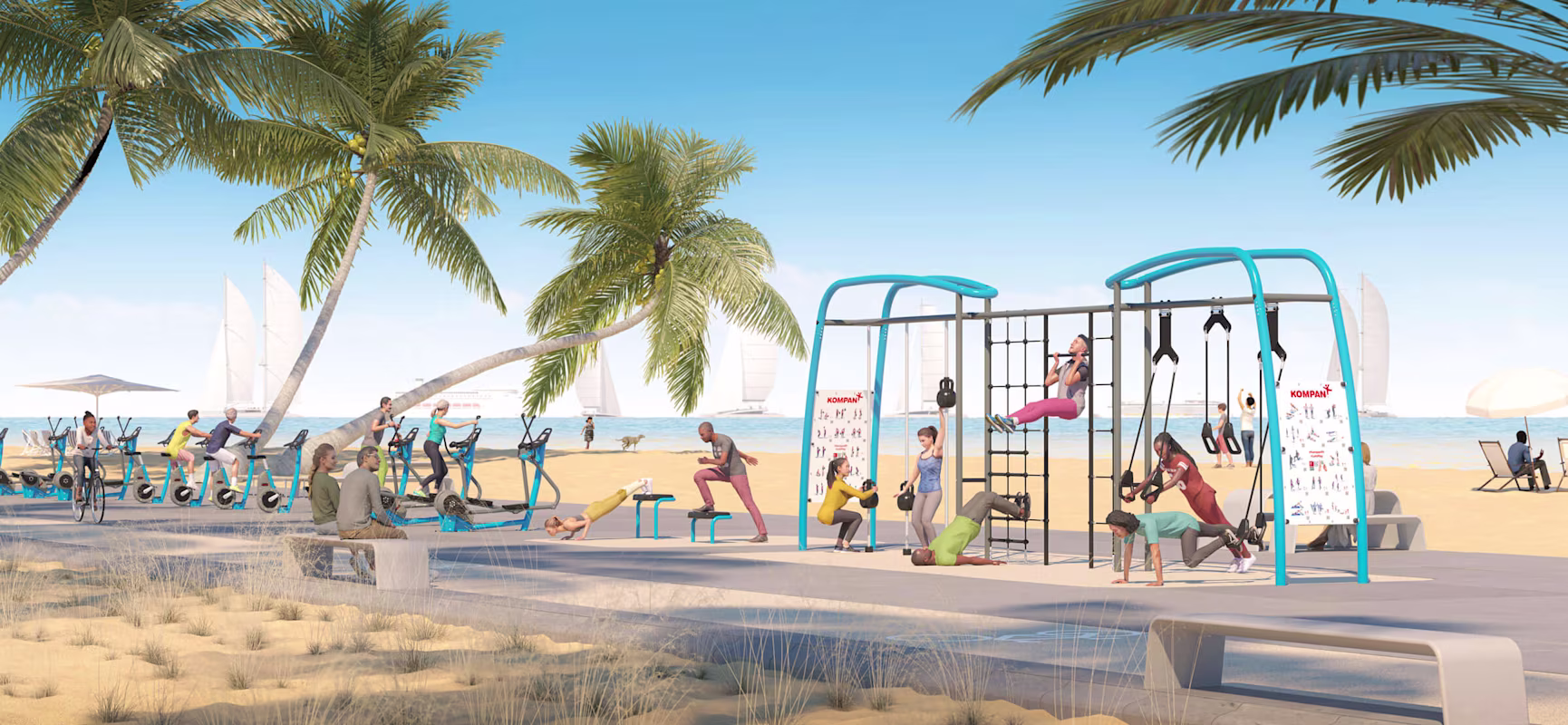 design concept of outdoor cardio machines and cross training by a boardwalk