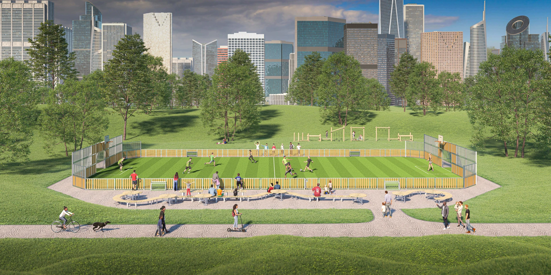 Idea de diseño de una pista polideportiva en un parque