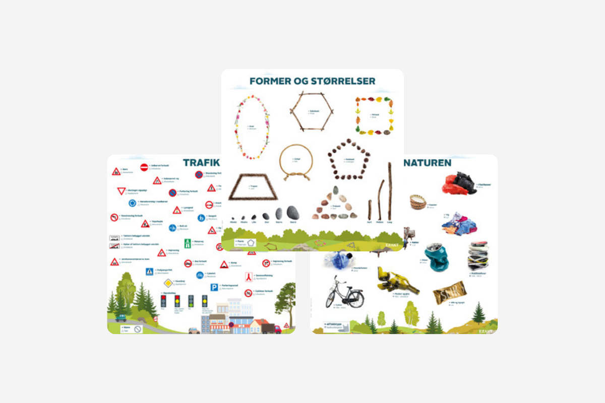 Three colourful educational posters in Danish showing traffic signs, natural objects, and shapes made from sticks, stones and leaves.