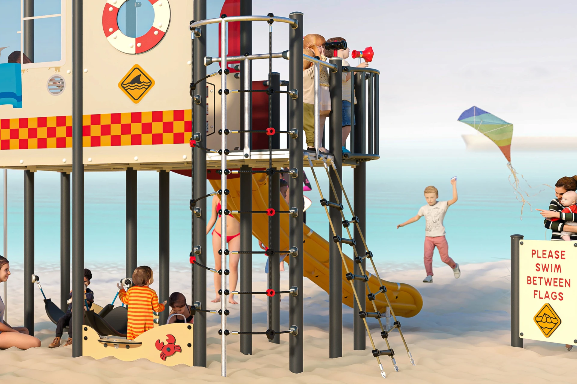 Konceptbild på barn som leker på lekutrustning med strandtema