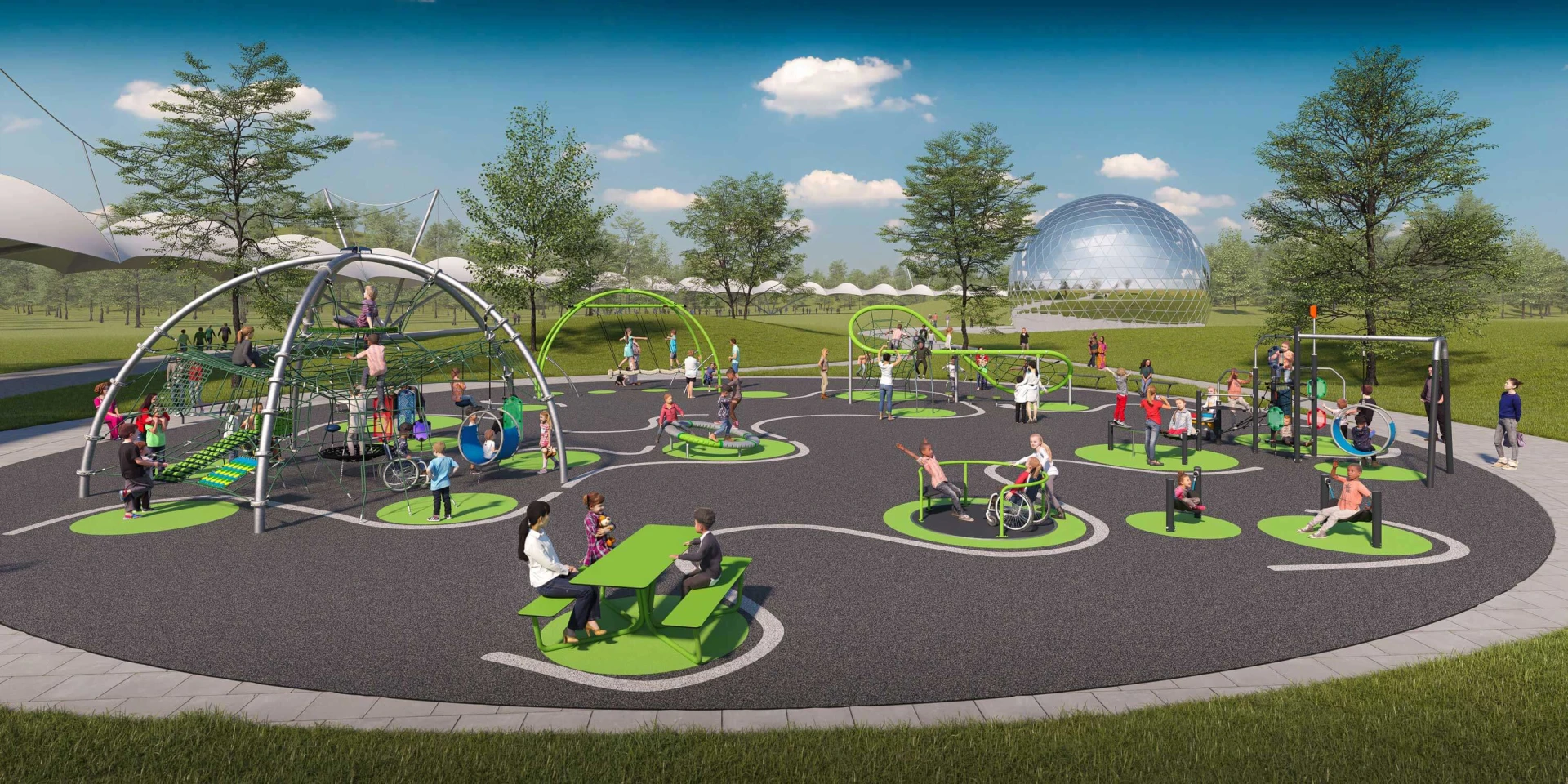 An urban arch playground design that is attracting both children and their parents