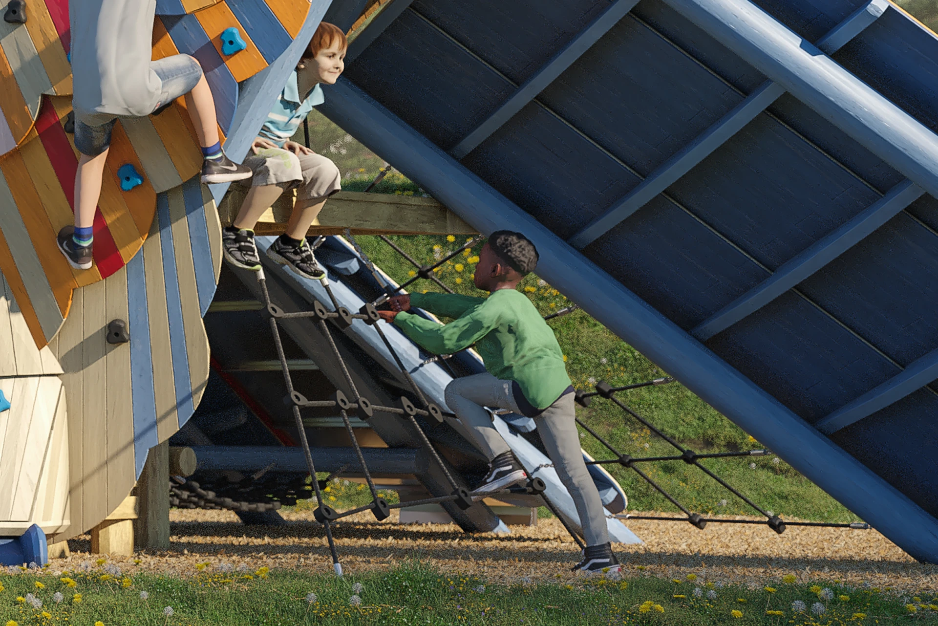 Children climbing up a net on a wooden owl play structure