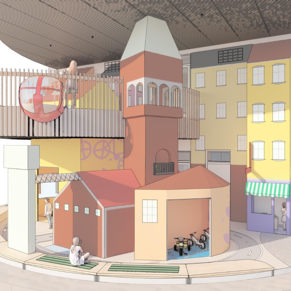 Pastel indoor streetscape with playful buildings, tower, bikes in a small garage, and children exploring under a large curved roof