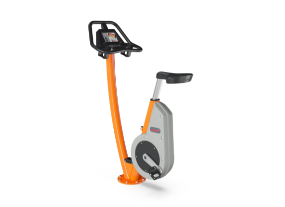 Orange and gray stationary exercise bike with seat, pedals, and front console, shown against a plain white background.