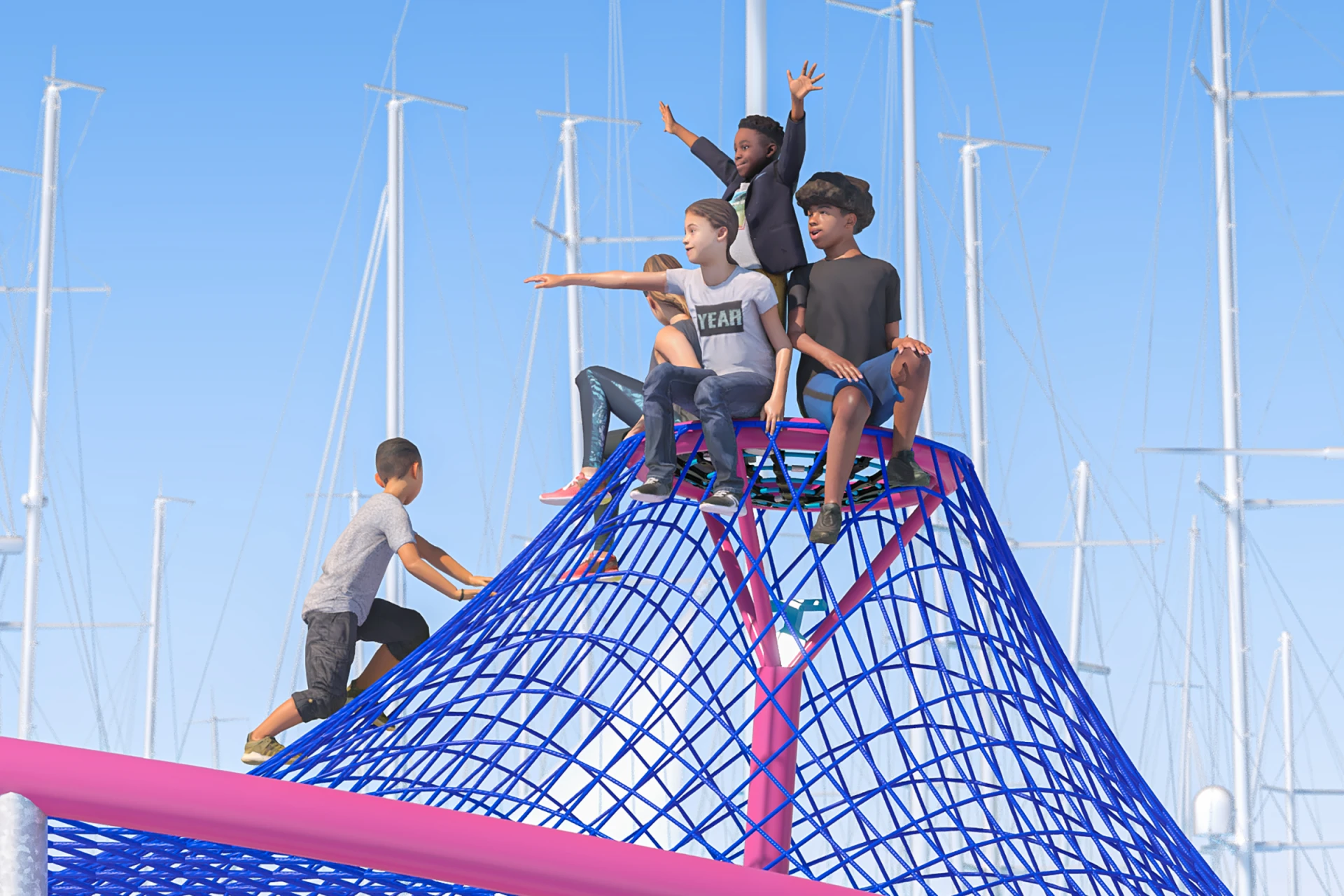 Concept design of children sitting on top of a rope net structure