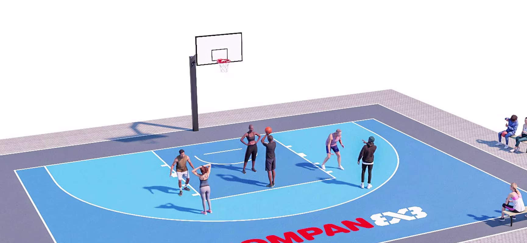 People play basketball on a blue outdoor court marked “KOMPAN 3x3,” while others sit on benches around the court.