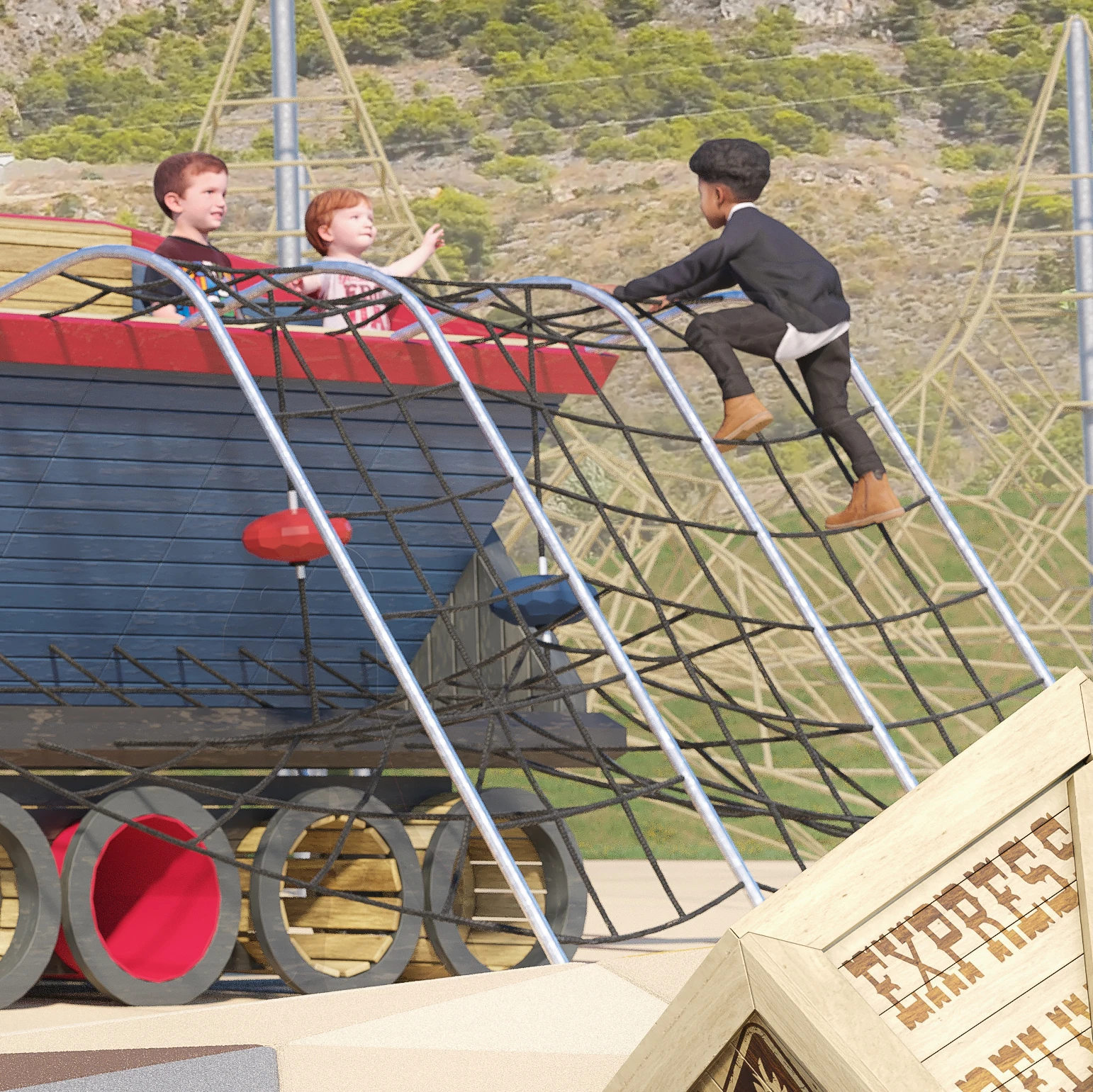 A child climbing up a rope net