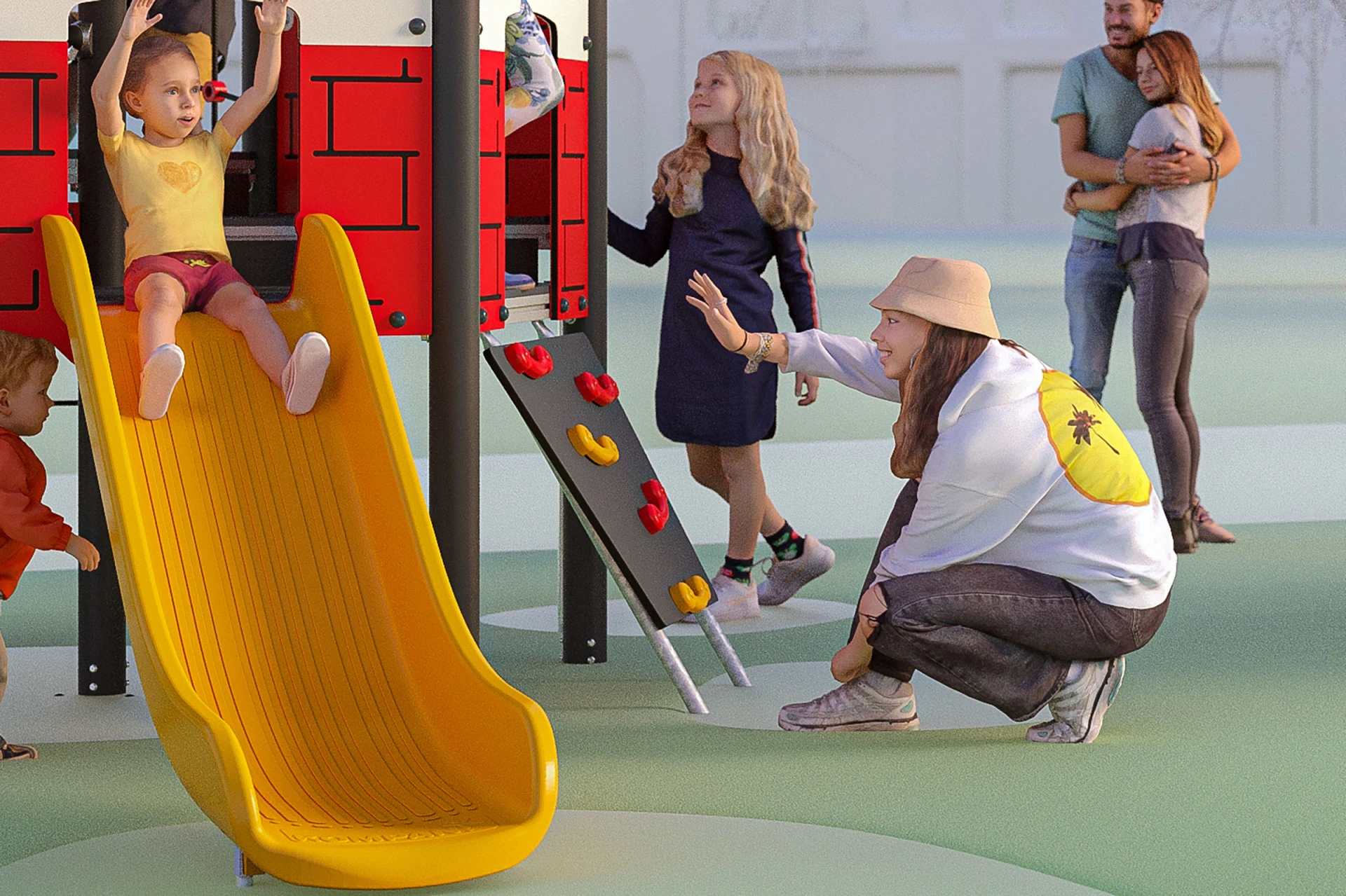 Konceptbild på barn som åker rutschbana på lekutrustning lik brandstation