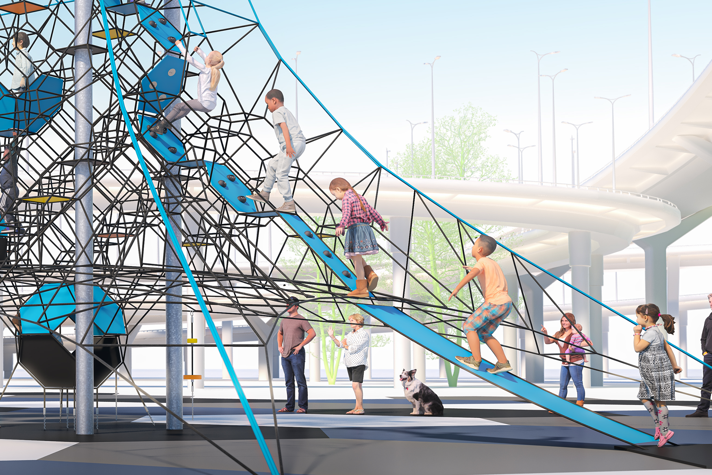 Kids walking up and climbing a rope play structure