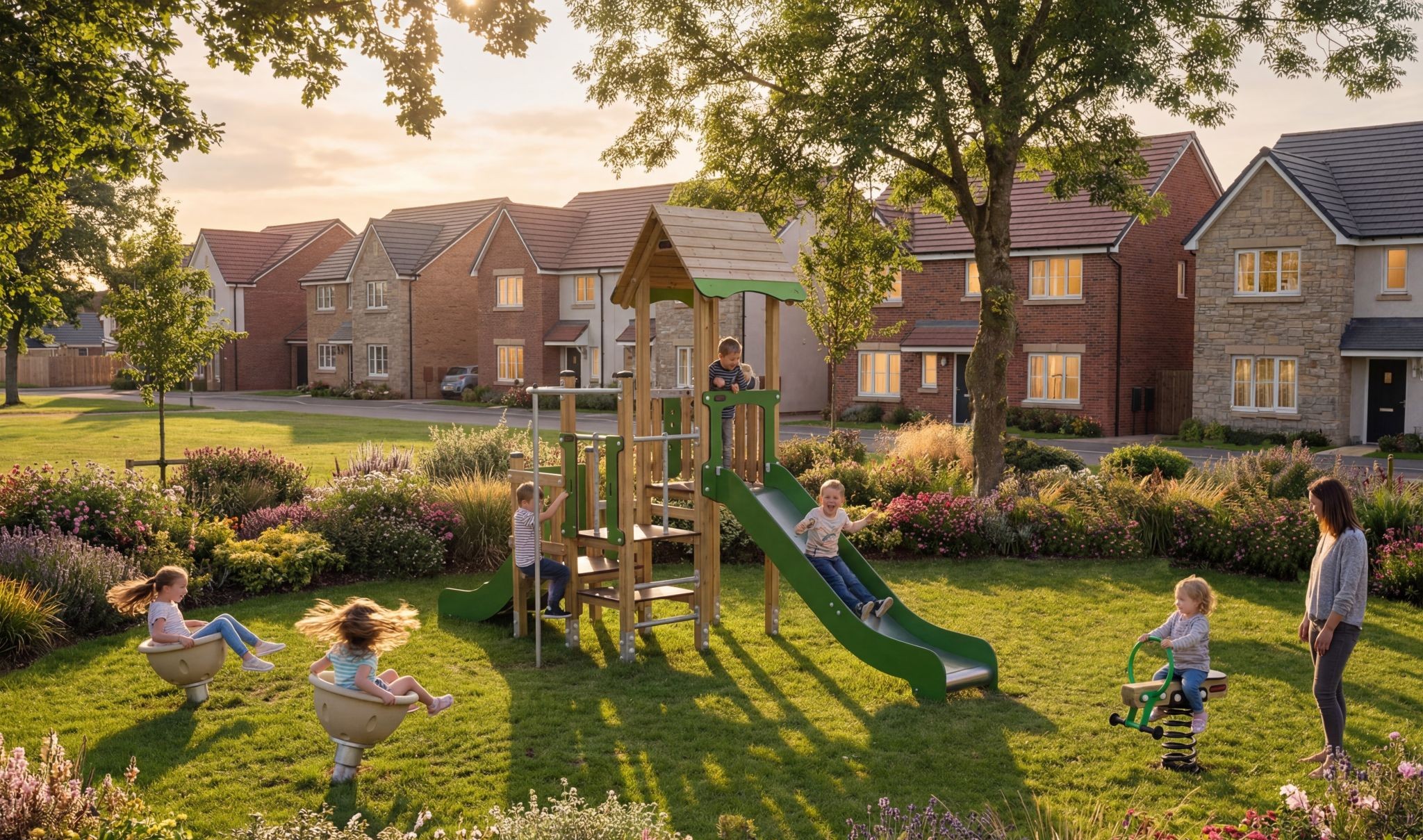 Children playing on a green slide and spinners in a sunny neighbourhood park, surrounded by flowers, trees and modern houses.