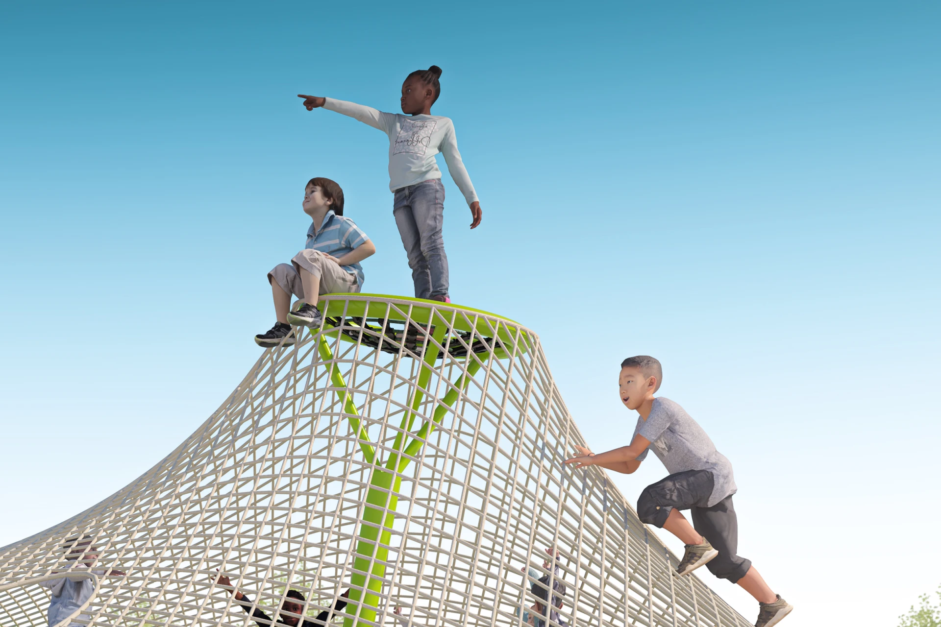 Children sitting on top of a rope playground