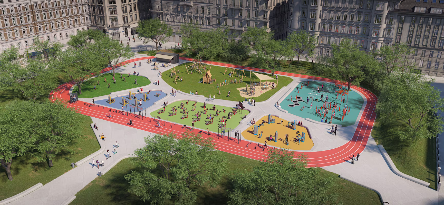 Design idea of an outdoor gym and playground destination area for communities