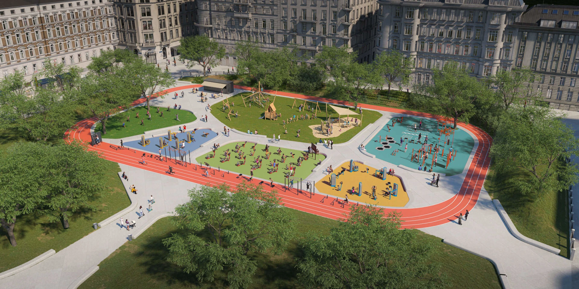 Idé til design af et udendørs gymnastik- og legepladsområde for lokalsamfund