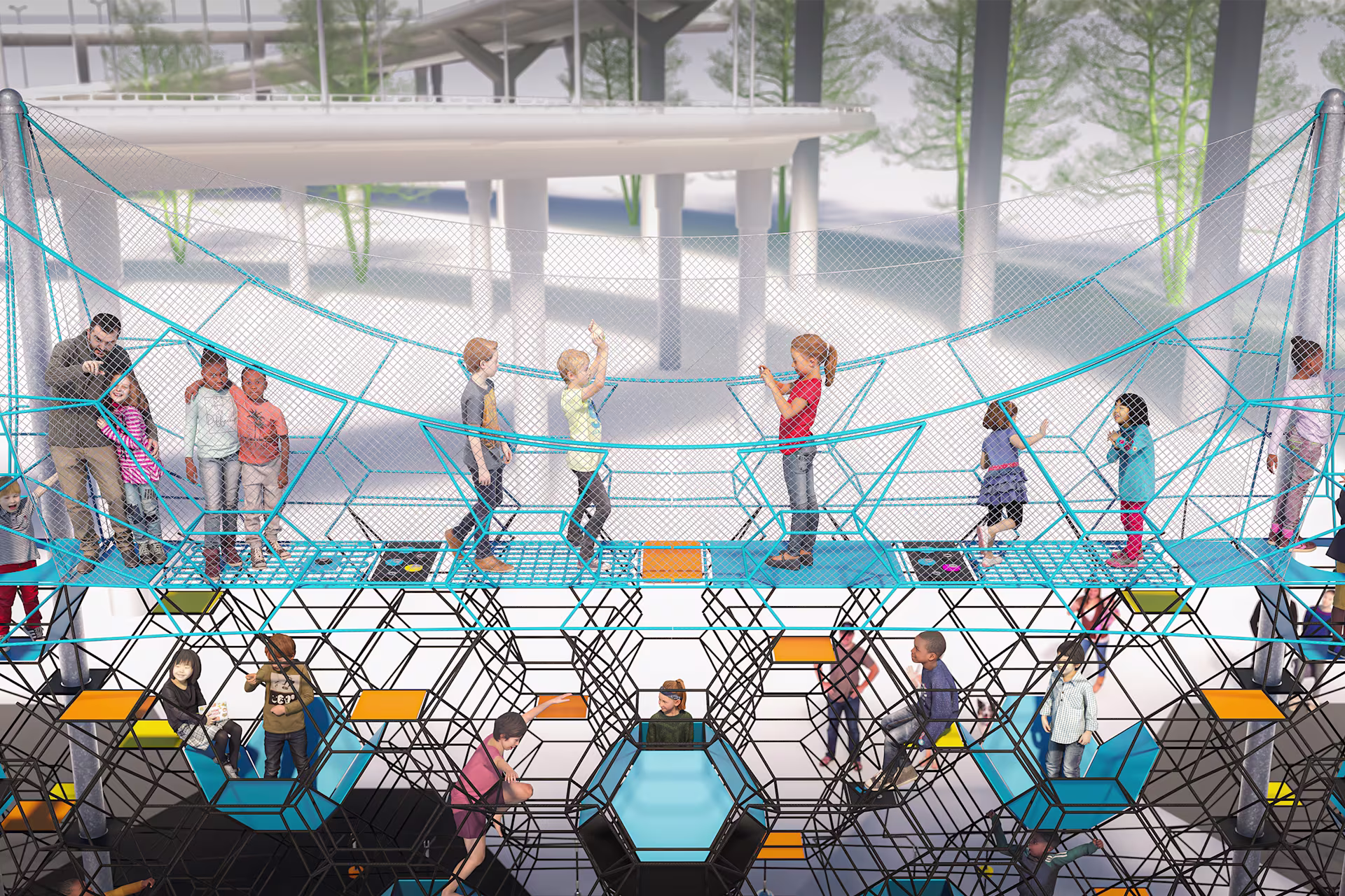 a group of people walking across a bridge.