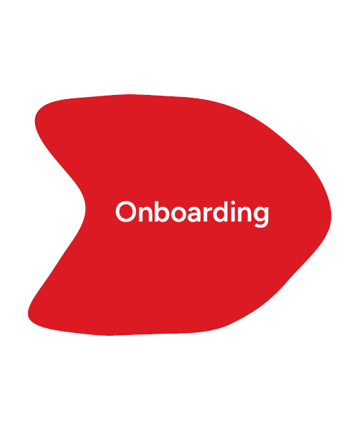 Red abstract arrow-like shape on white background with the word “Onboarding” in white text at the centre