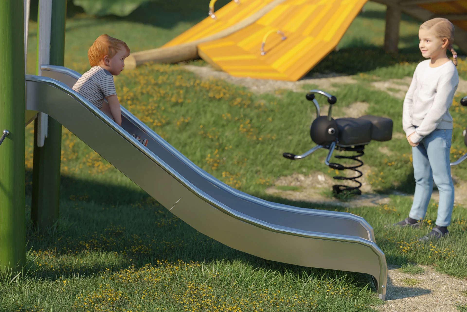 A child sliding on a themed playground