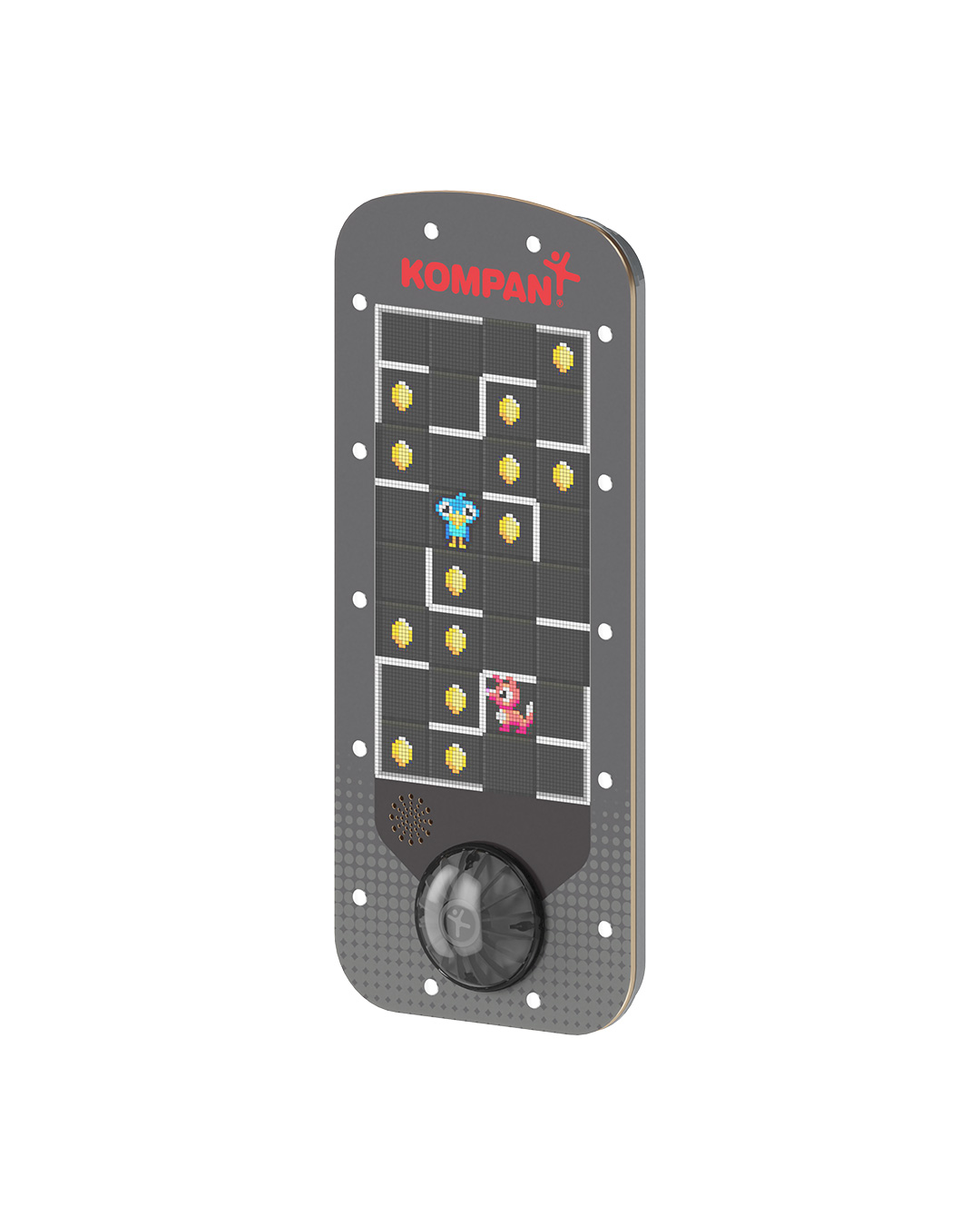 Tall grey Kompan game panel with pixel maze, coins, blue and pink characters, speaker holes, and a round black control knob