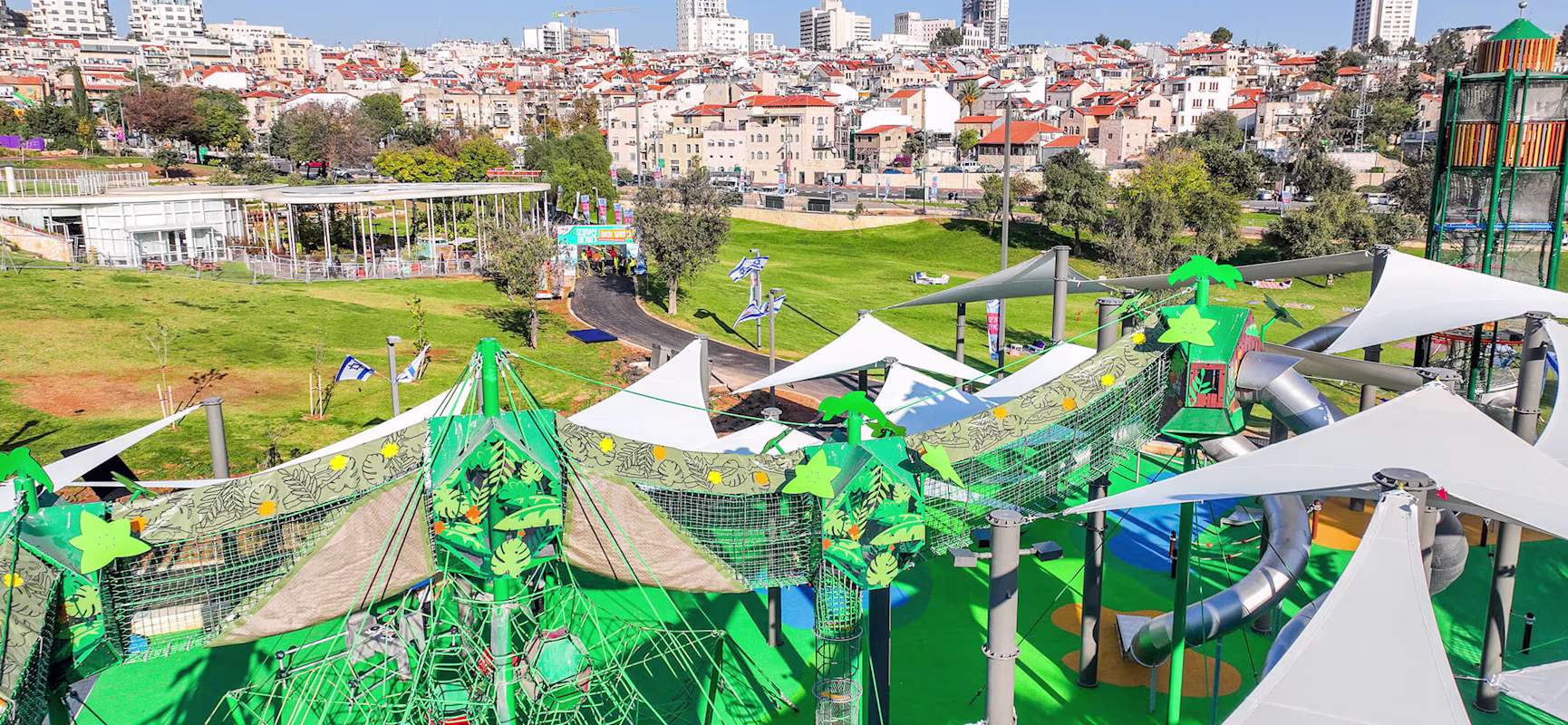 Custom playground in Jerusalem Sacher Park with view to the city