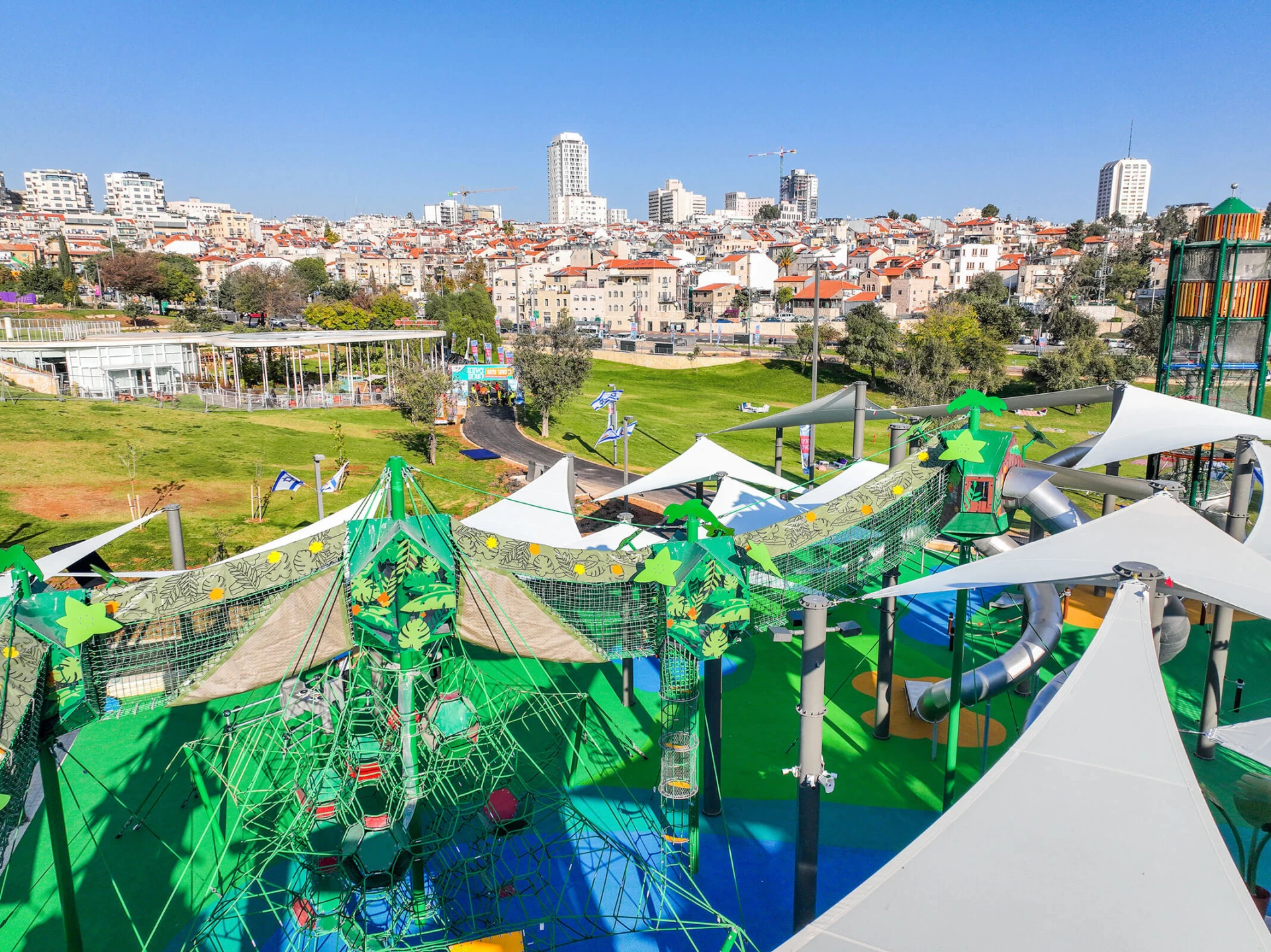 Custom playground in Jerusalem Sacher Park with view to the city