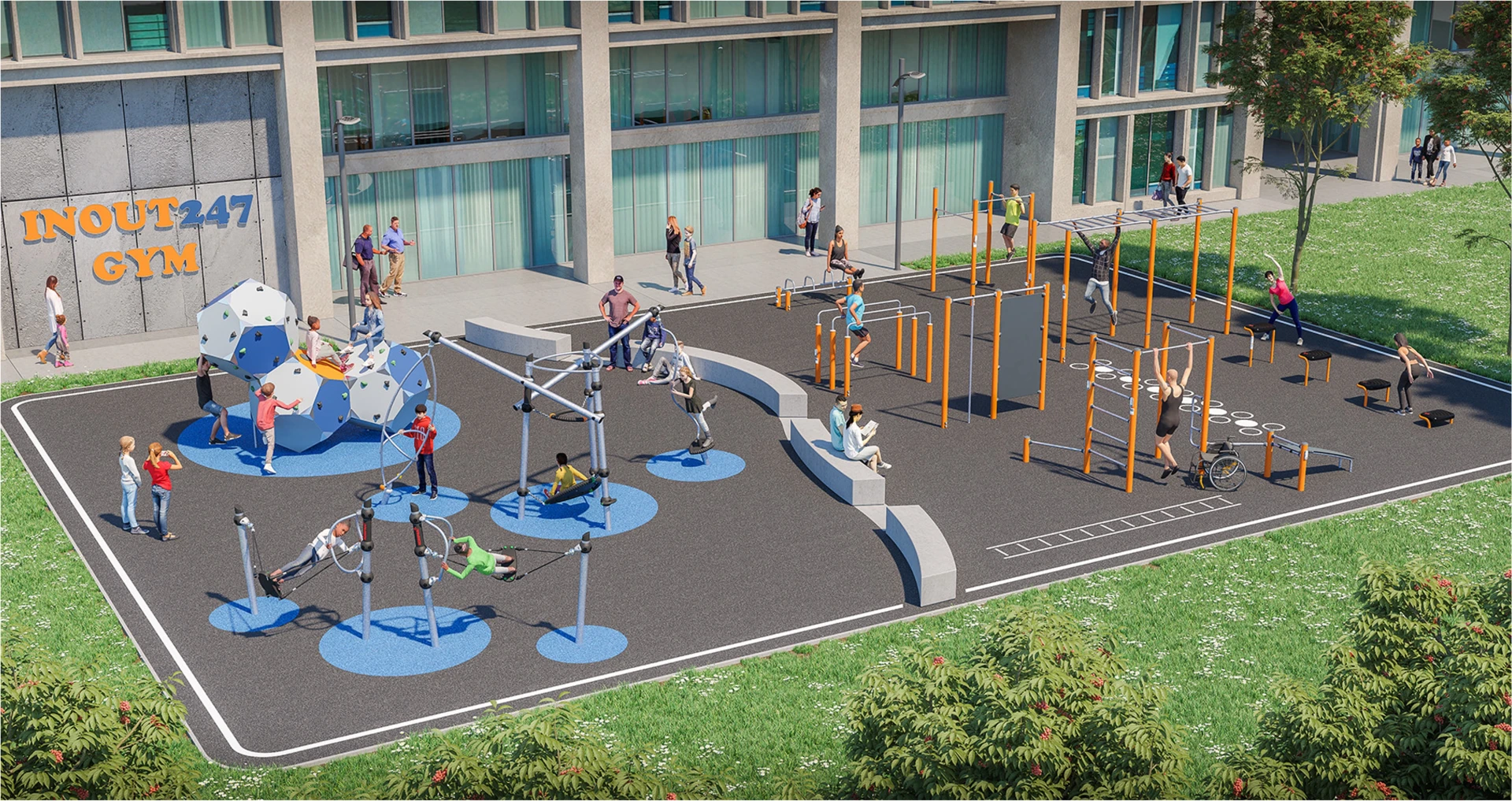 An artist's rendering of a playground in front of a building