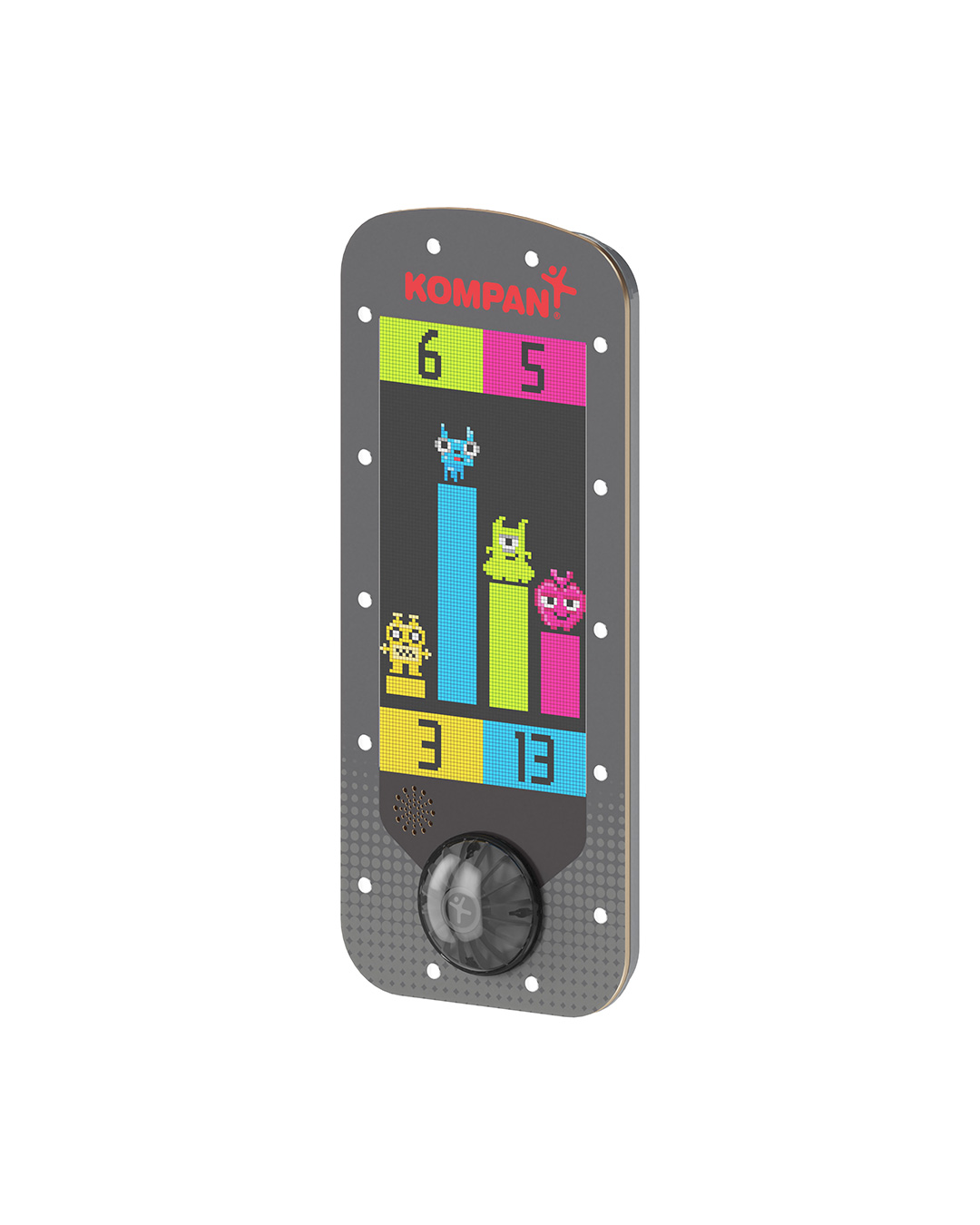 Tall Kompan game panel with pixel aliens on coloured bar charts, numbers 6, 5, 3, 13, and a round black control at the bottom
