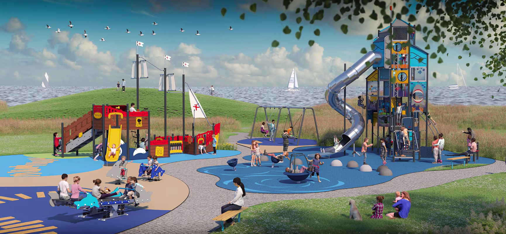 Conceptual playground idea of a sea themed playground with a ship and playground tower