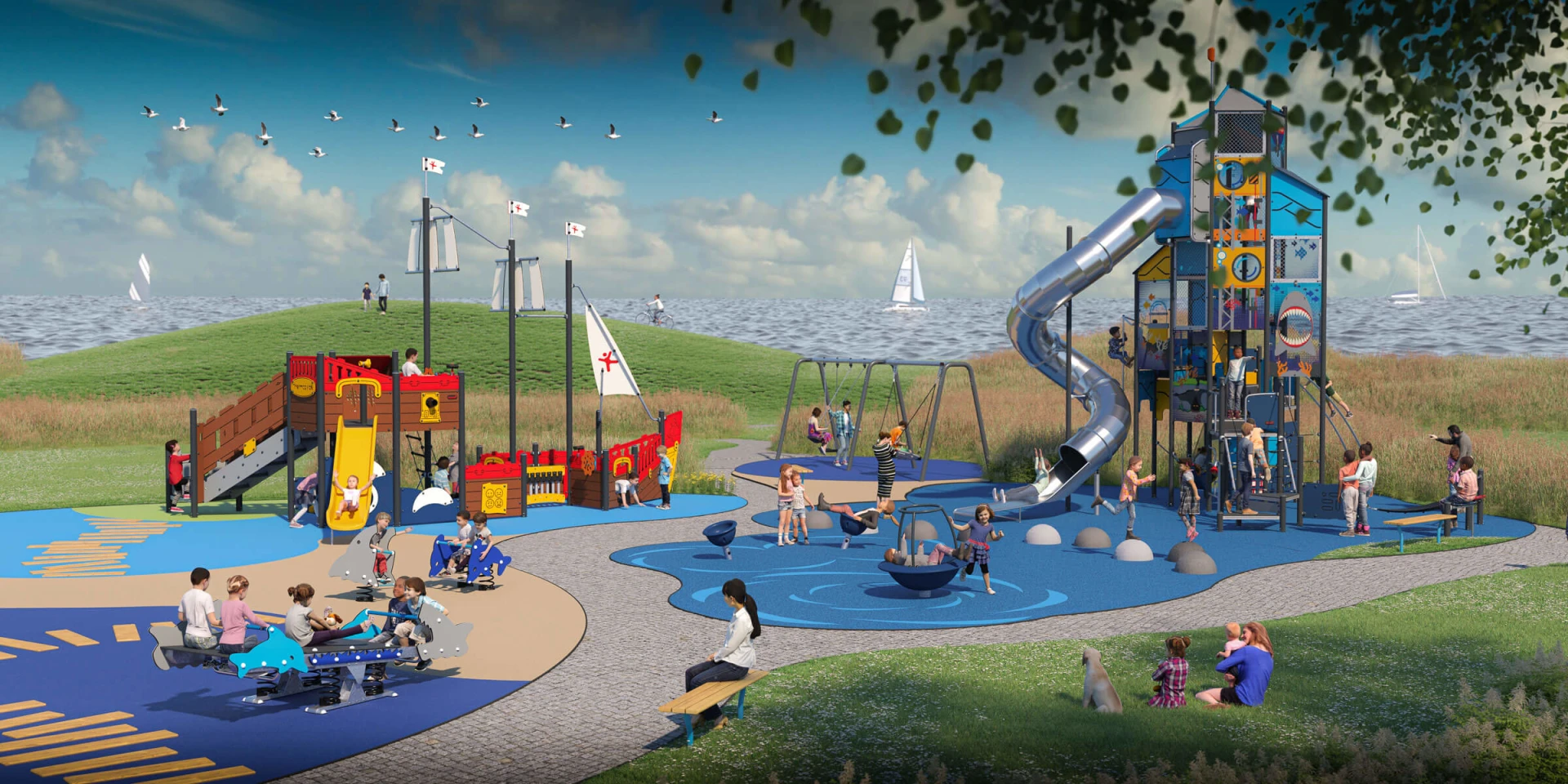 Konceptuel legeplads idé om en legeplads med havtema med et skib og et tårn på legepladsen