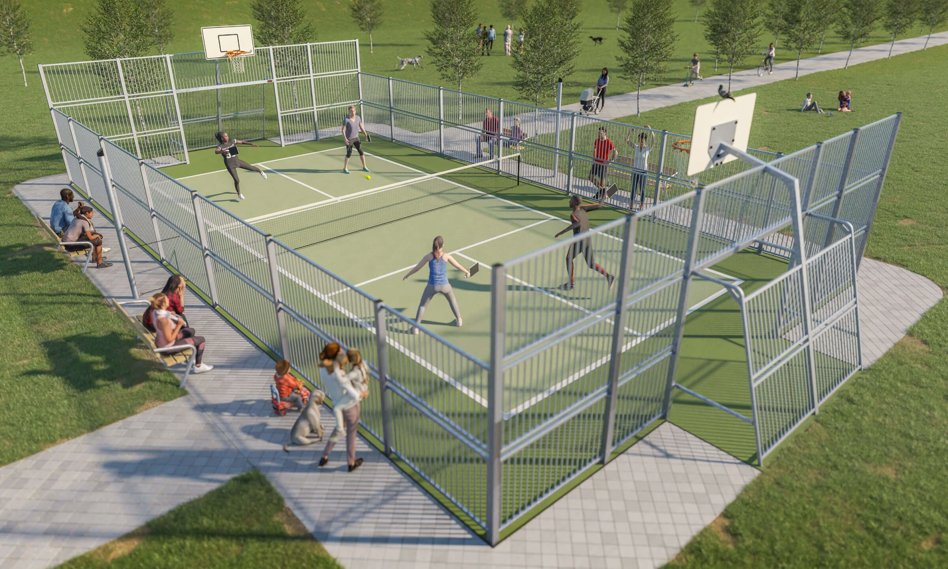 a group of people playing a game of pickleball on a multi games area from KOMPAN