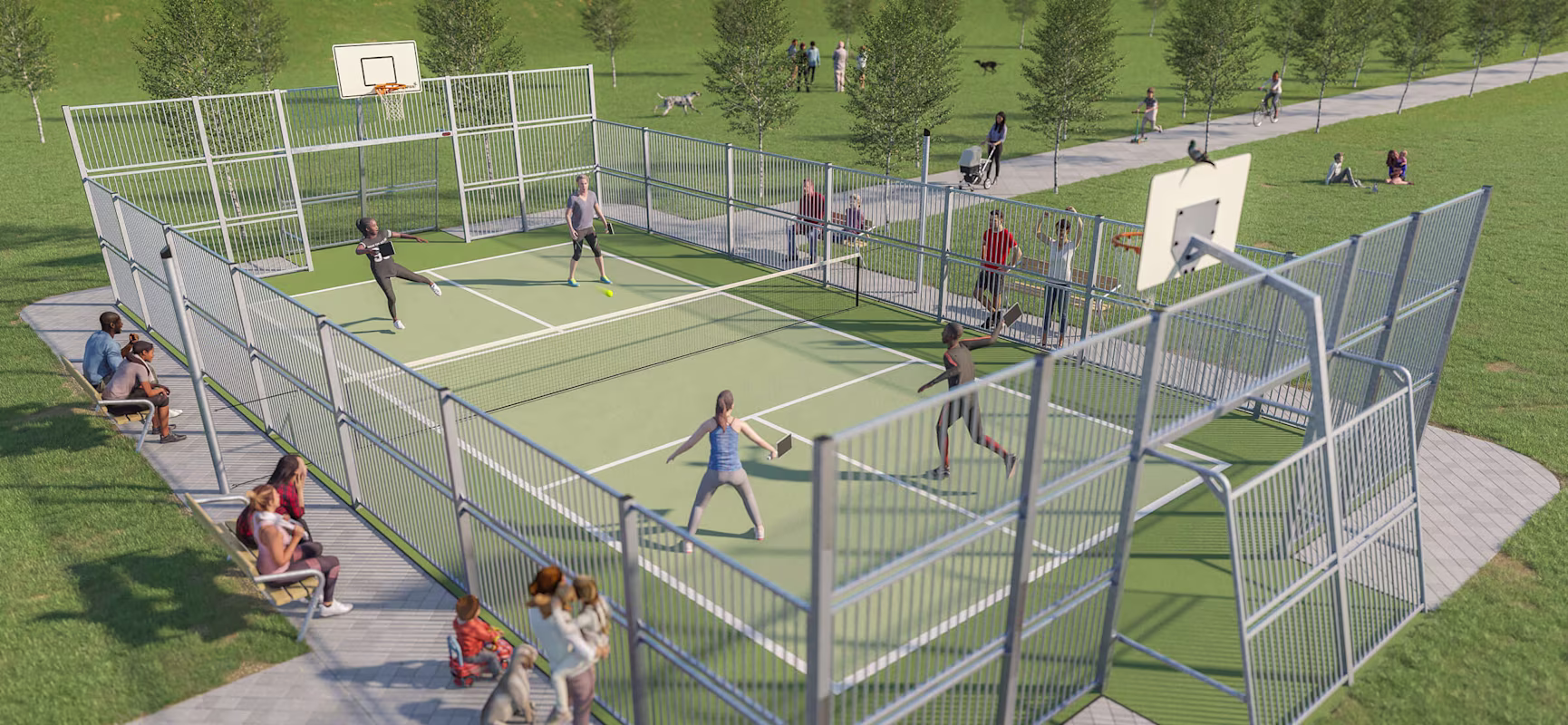 a group of people playing a game of pickleball on a multi games area from KOMPAN