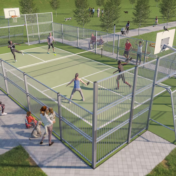 a group of people playing a game of pickleball on a multi games area from KOMPAN