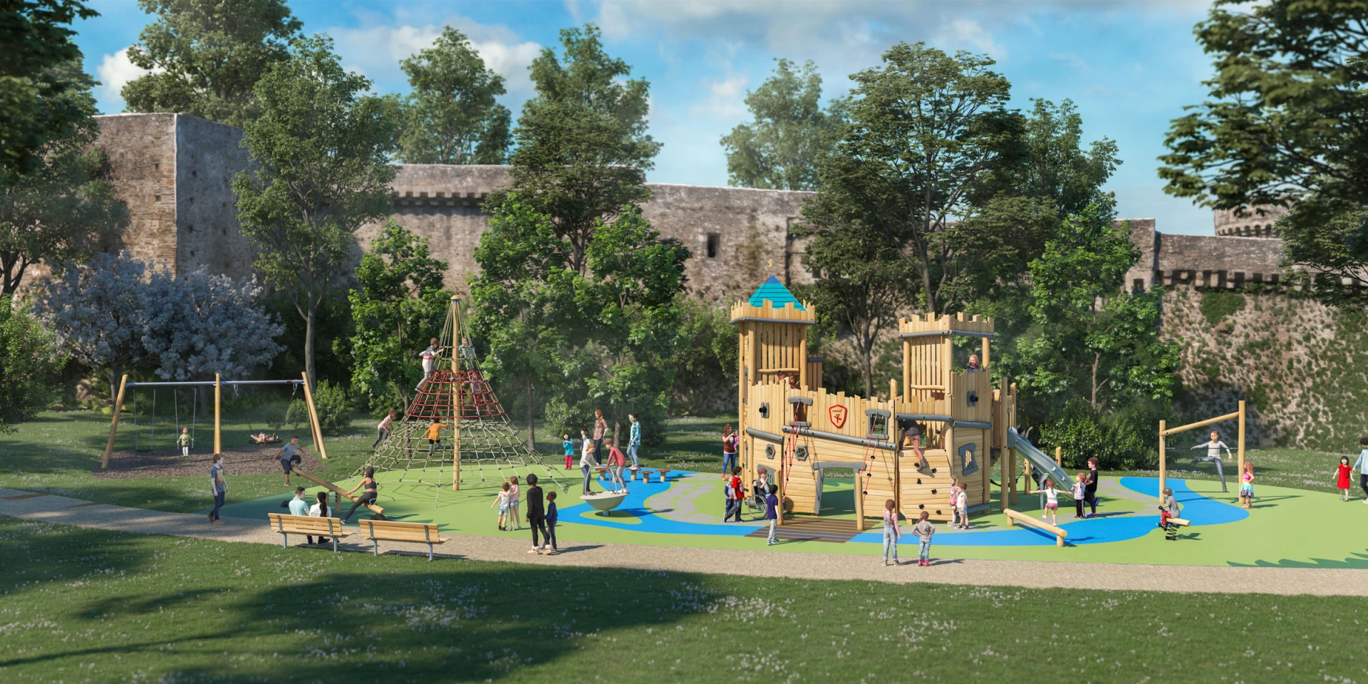 Un design d'aire de jeux en bois, en forme de château dans un parc