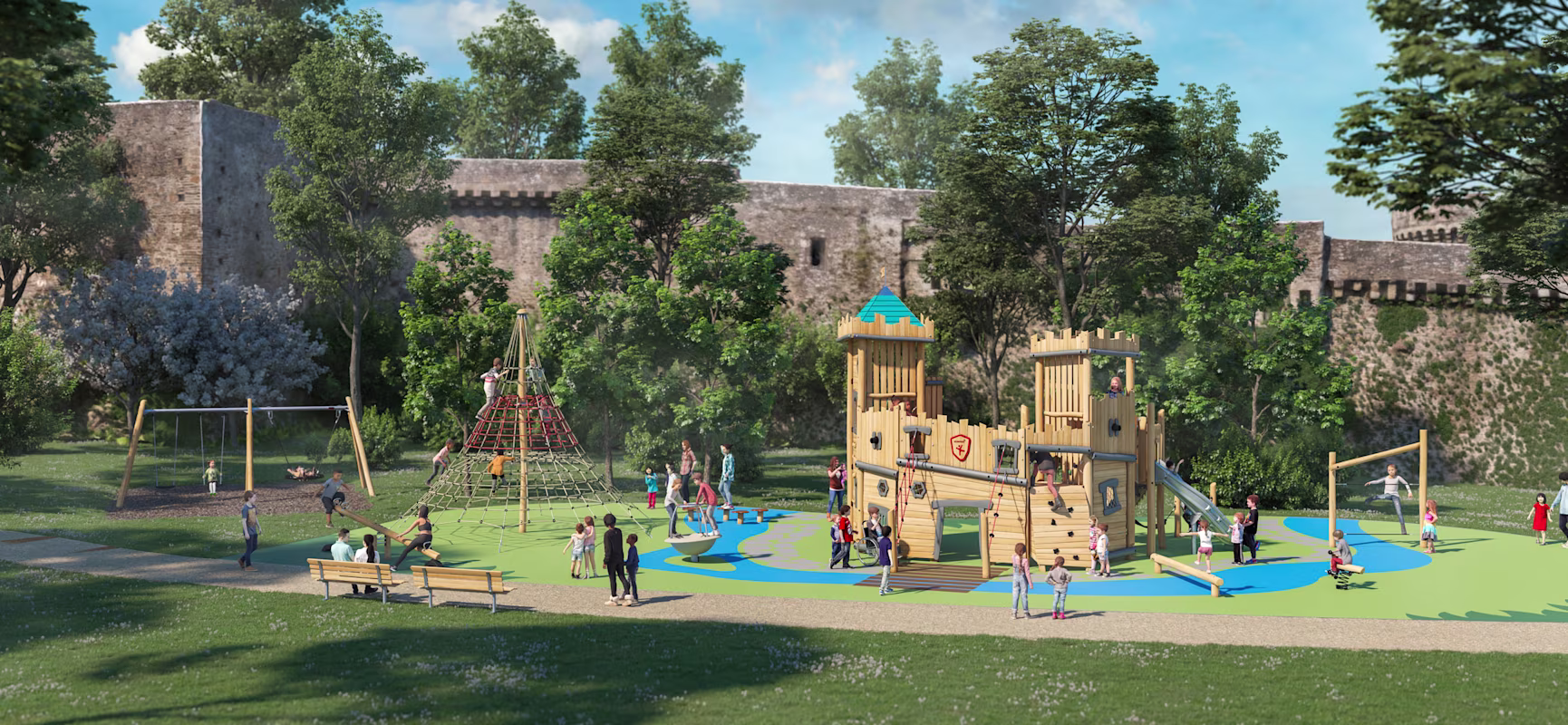 A playground design idea of a wooden castle in a park