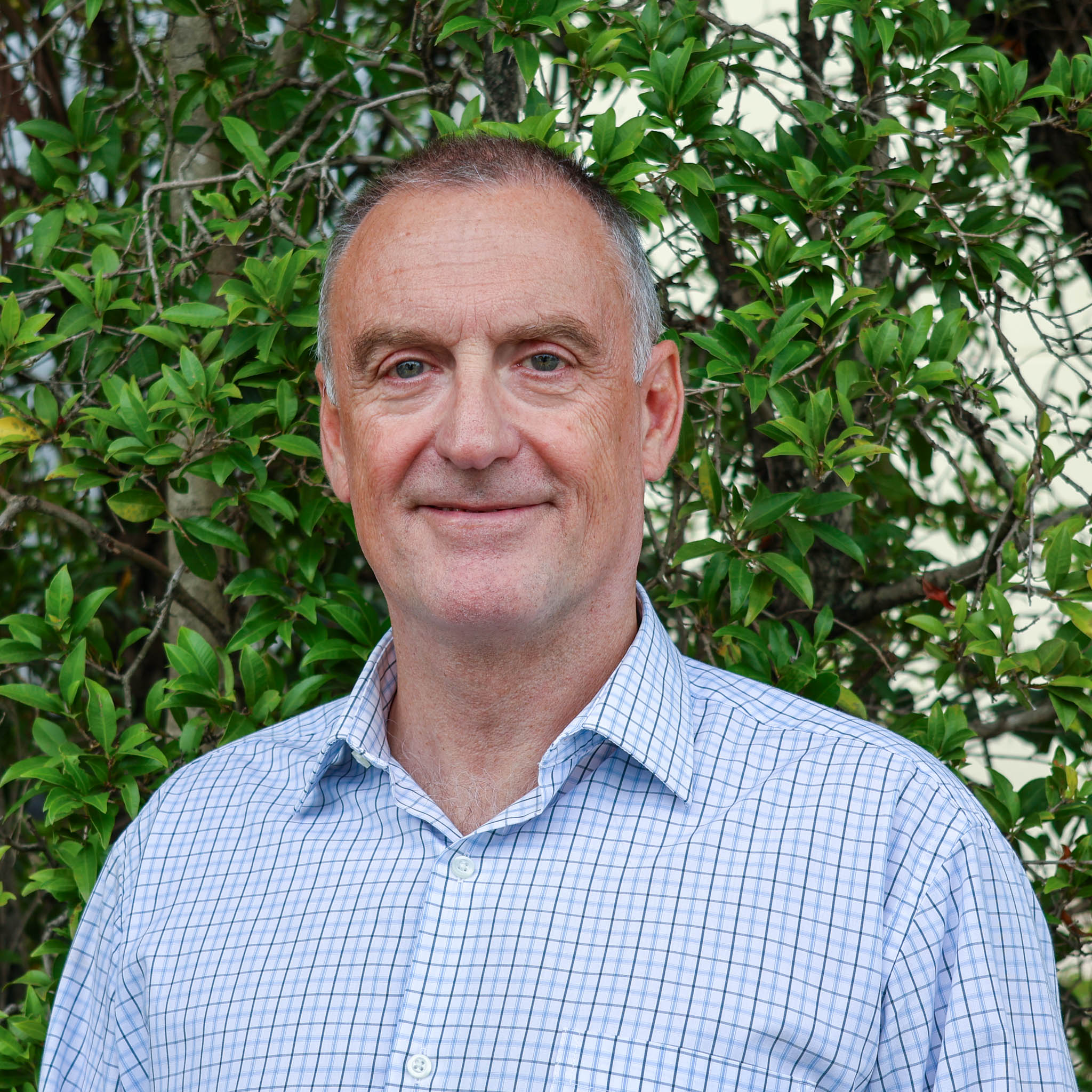 Person with blurred face in a checked shirt standing outdoors in front of leafy green bushes