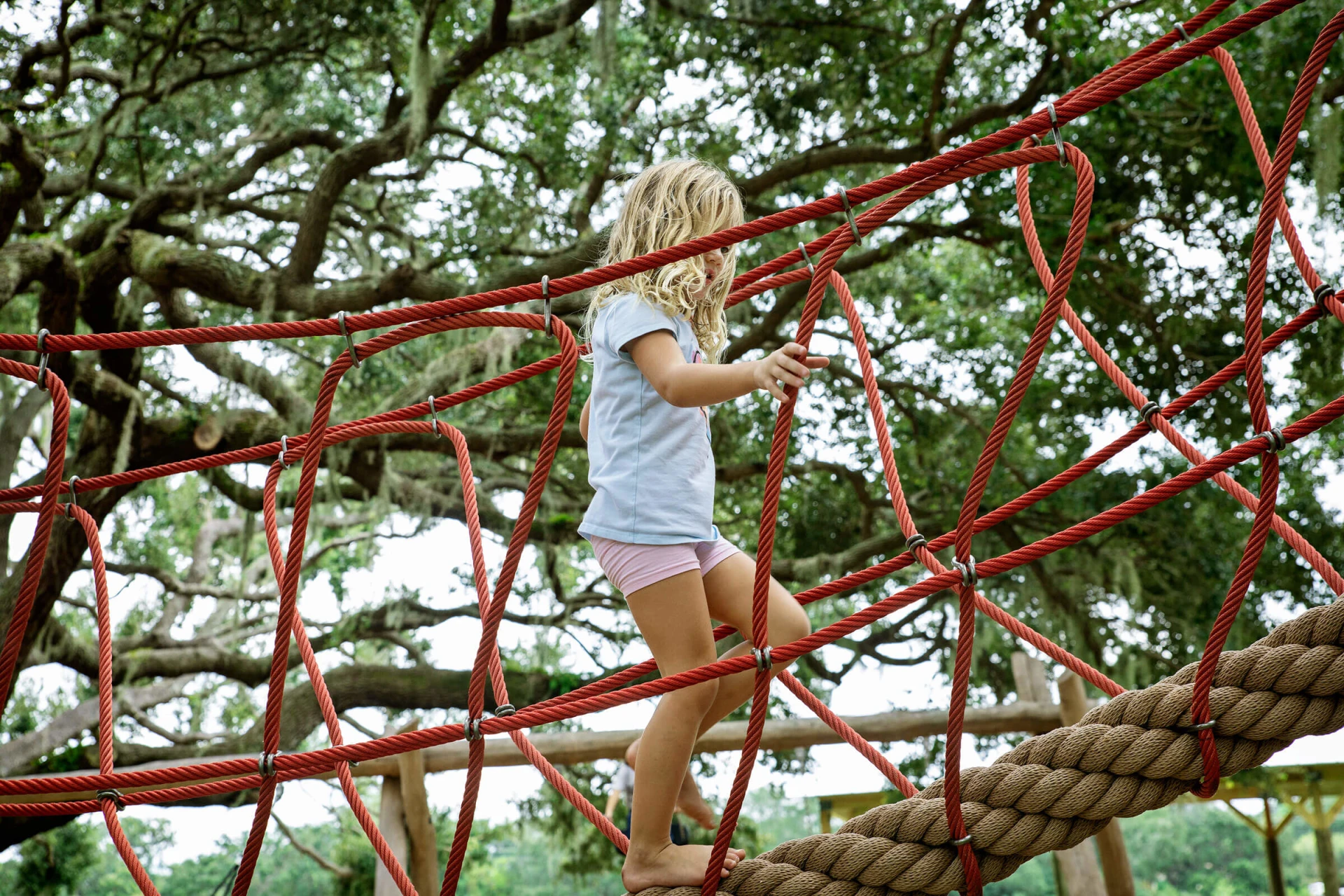 children playing on a rope playground bridge corocord reference image