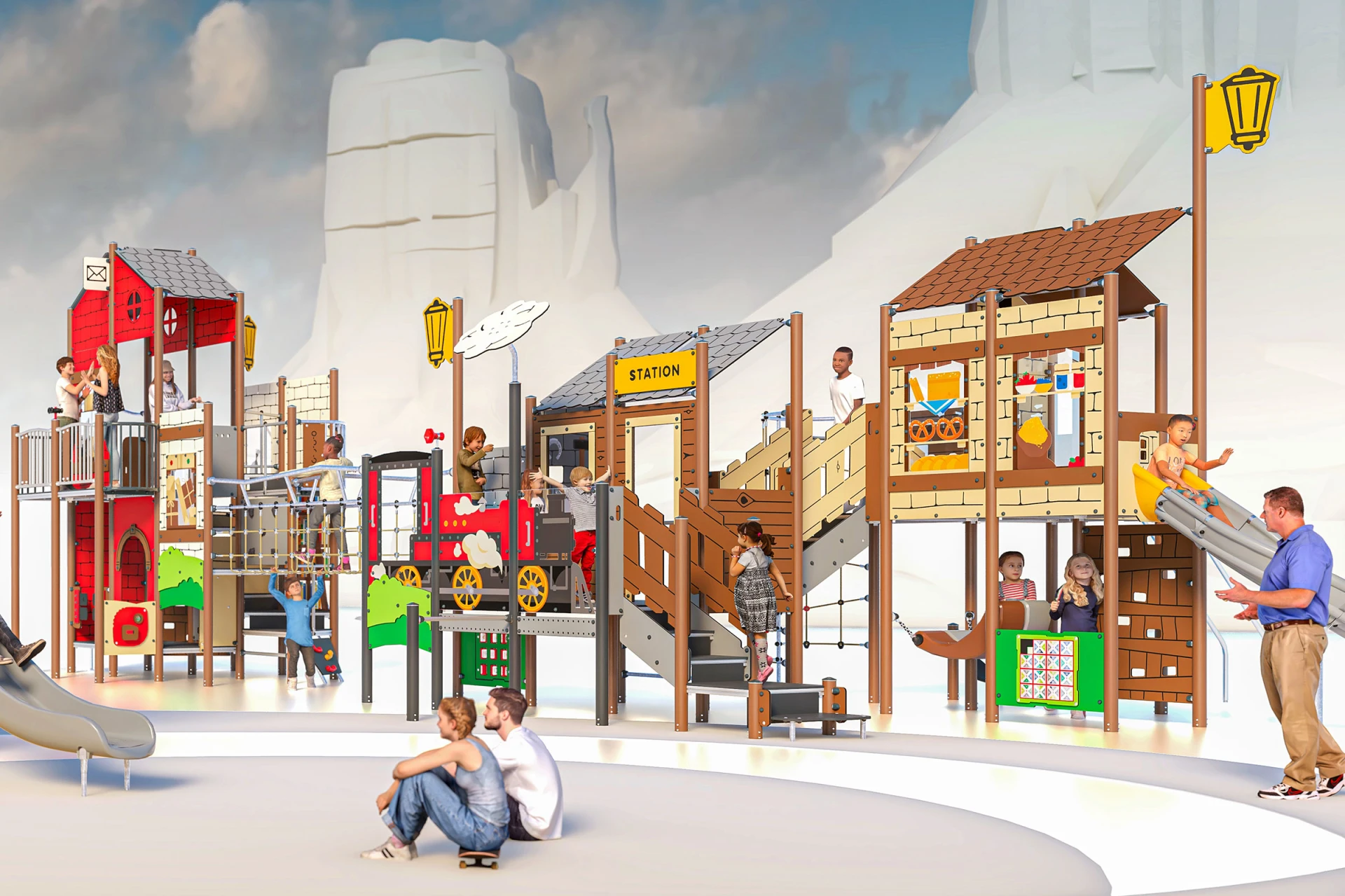 Konceptbild på lekplats formad som en tågstation