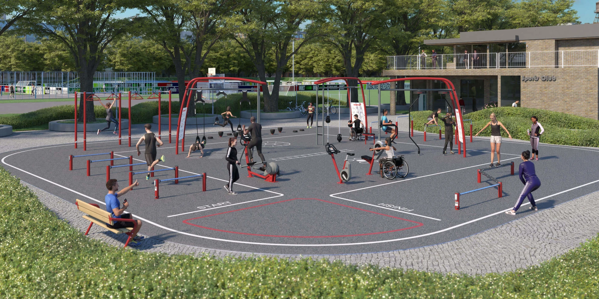 Idea conceptual de una zona de fitness al aire libre junto a un centro deportivo