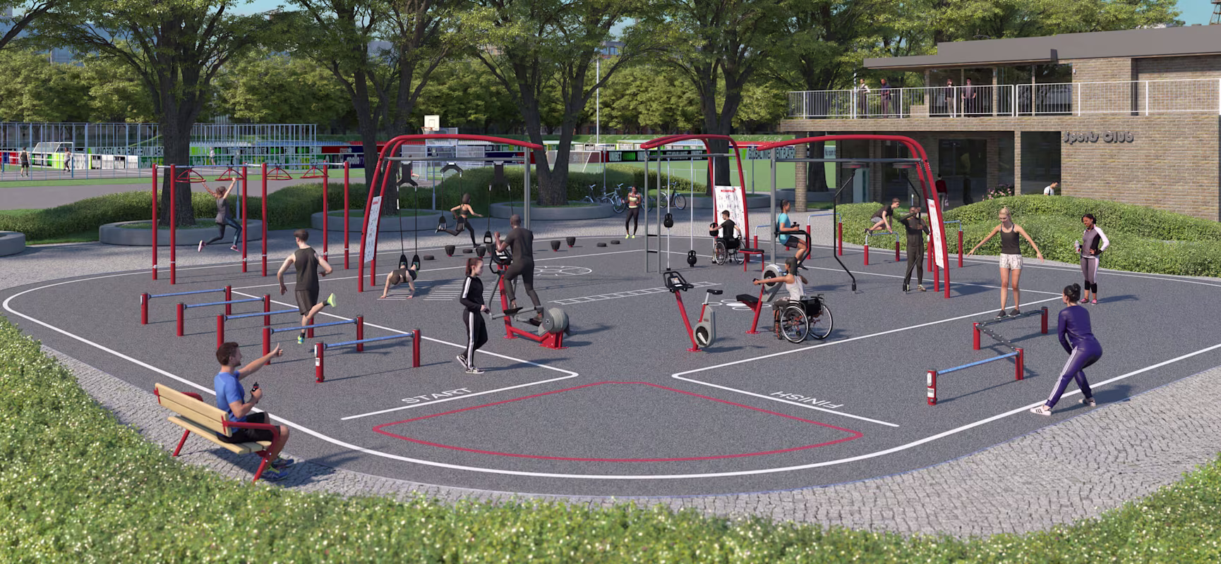 Idea conceptual de una zona de fitness al aire libre junto a un centro deportivo