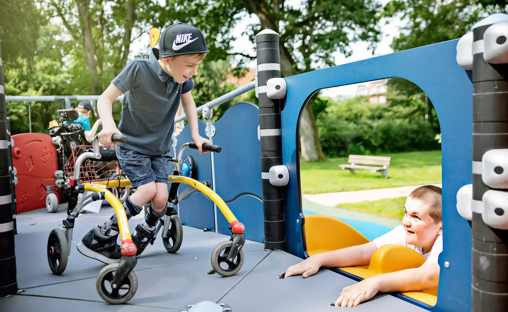 children playing with hospital clowns at a hospital playground in Denmark