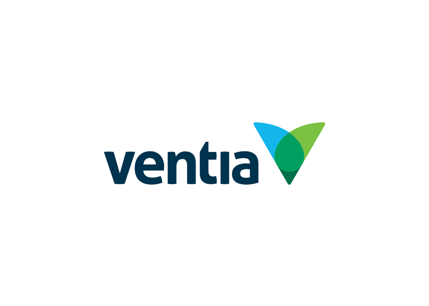 Ventia logo with dark blue text and overlapping blue and green V-shaped graphic on a white background