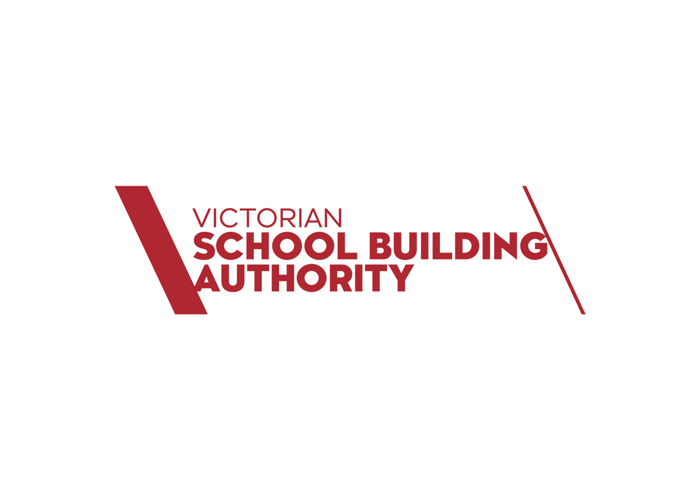 Red logo text reading “Victorian School Building Authority” with bold slanted bars on left and right, on a white background.