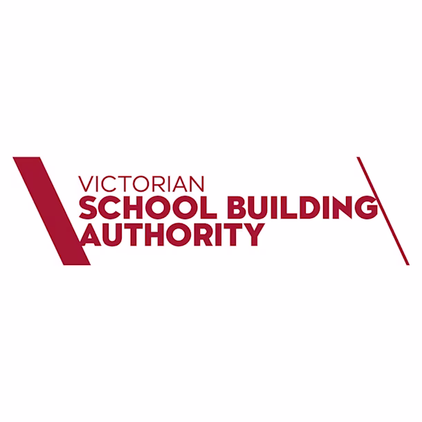 Red logo text reading “Victorian School Building Authority” with bold slanted bars on left and right, on a white background.