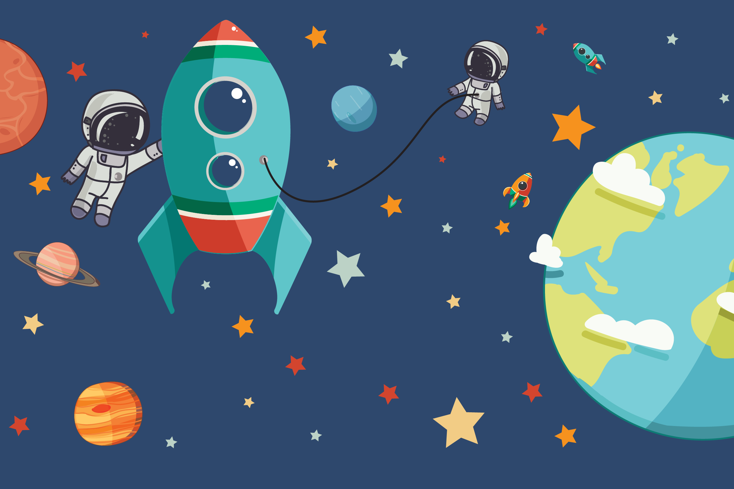 Two cartoon astronauts float tethered to a teal rocket among colorful planets, stars, and small rockets near a bright Earth.