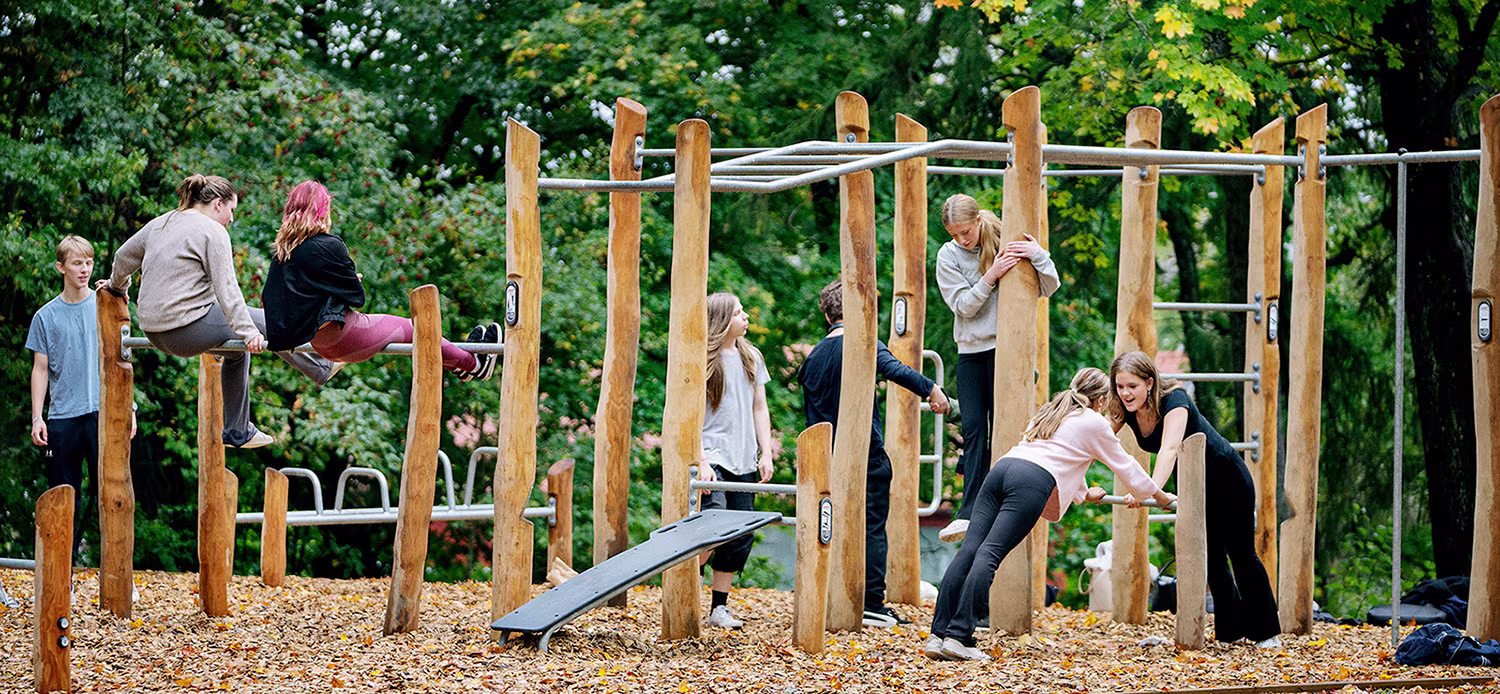 Children play and climb on a wooden outdoor playground surrounded by trees and autumn leaves.