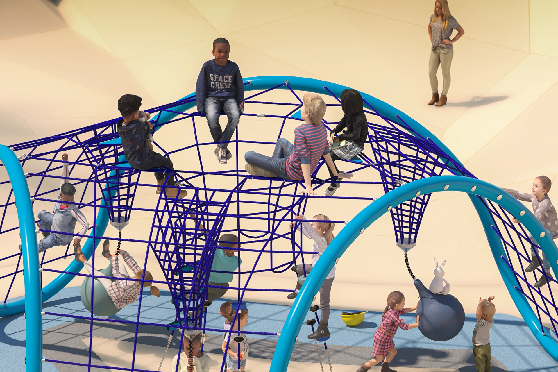 Children meeting on top of a rope playground