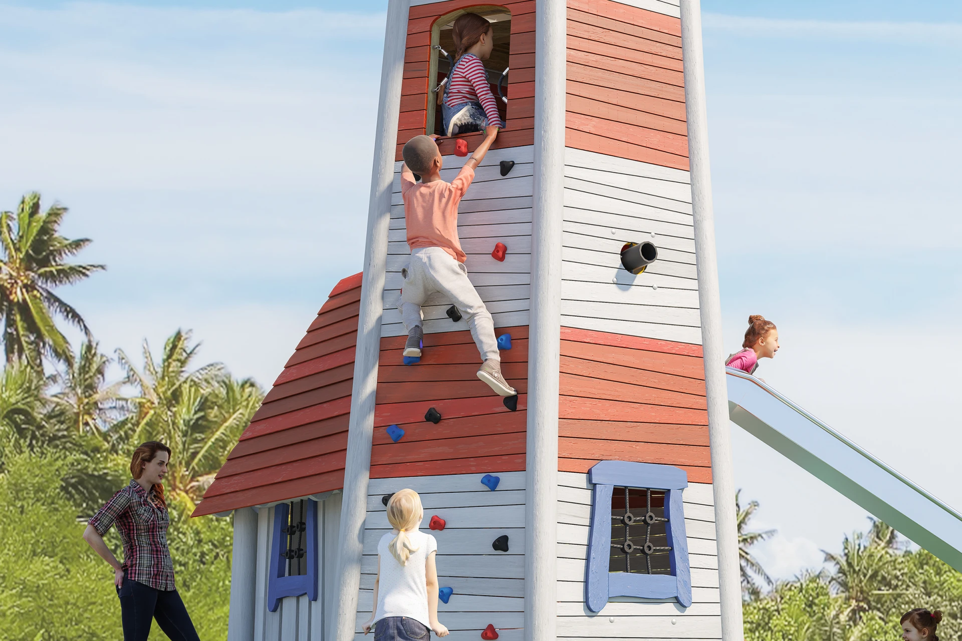 Children climbing the lighthouse play structure wall
