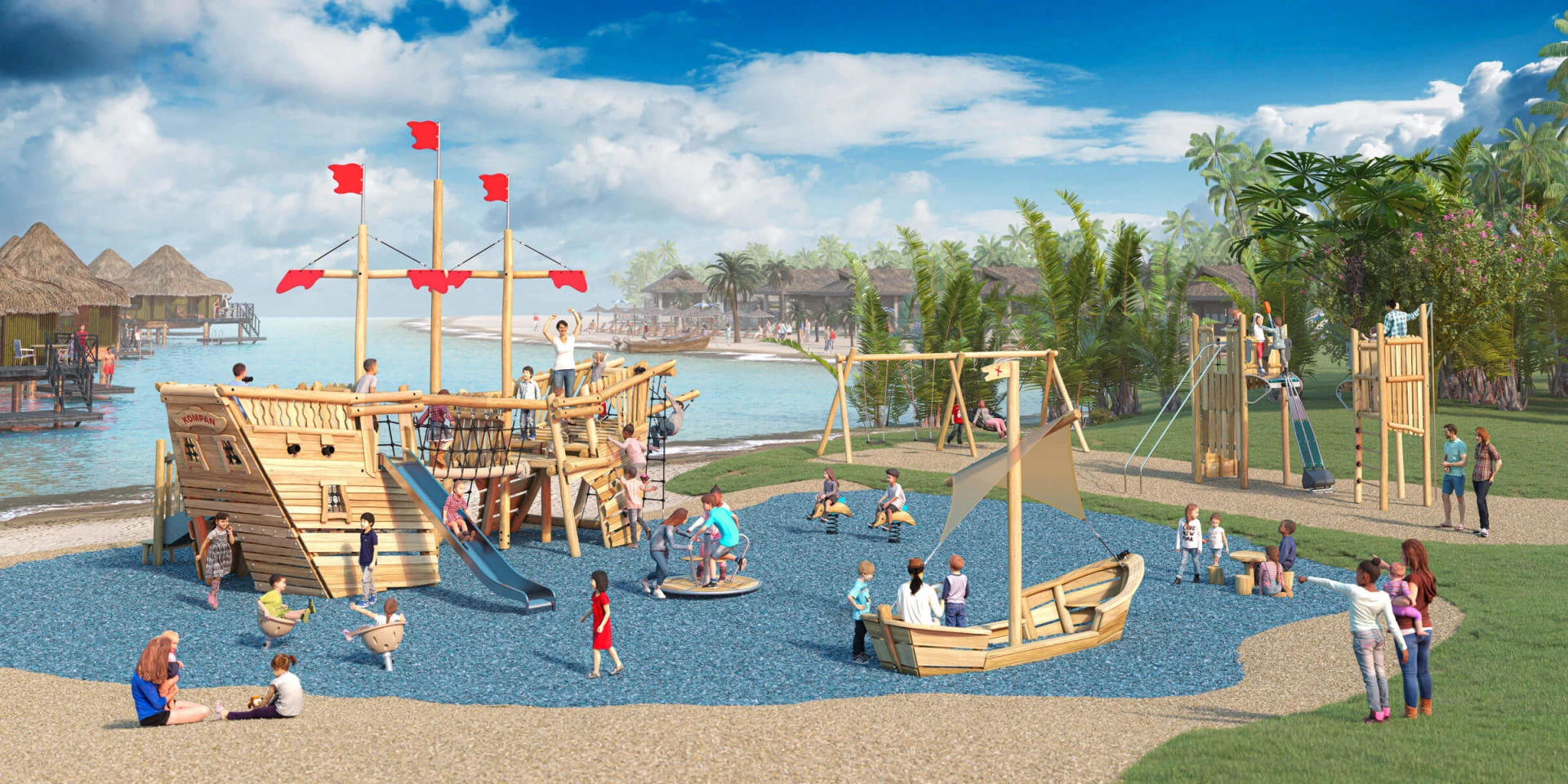 Idea de diseño de un parque infantil de madera con temática pirata cerca del mar