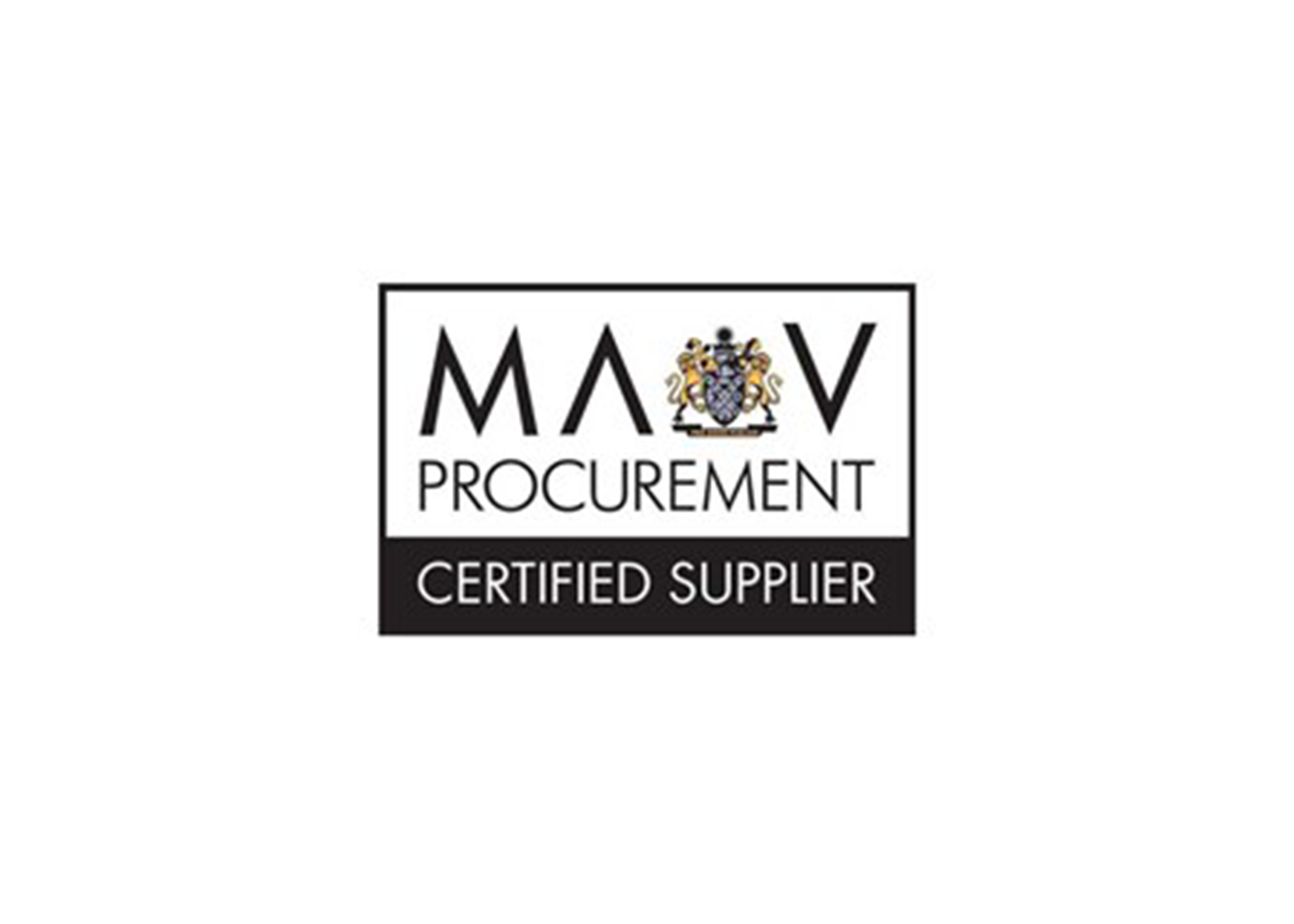 MAV Procurement Certified Supplier logo with a crest, black text on white and black background.